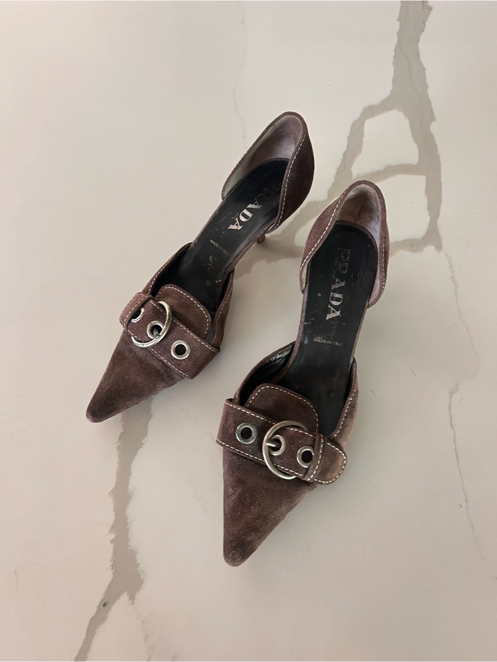 Prada Chocolate Brown Suede Pointed Buckle Heels